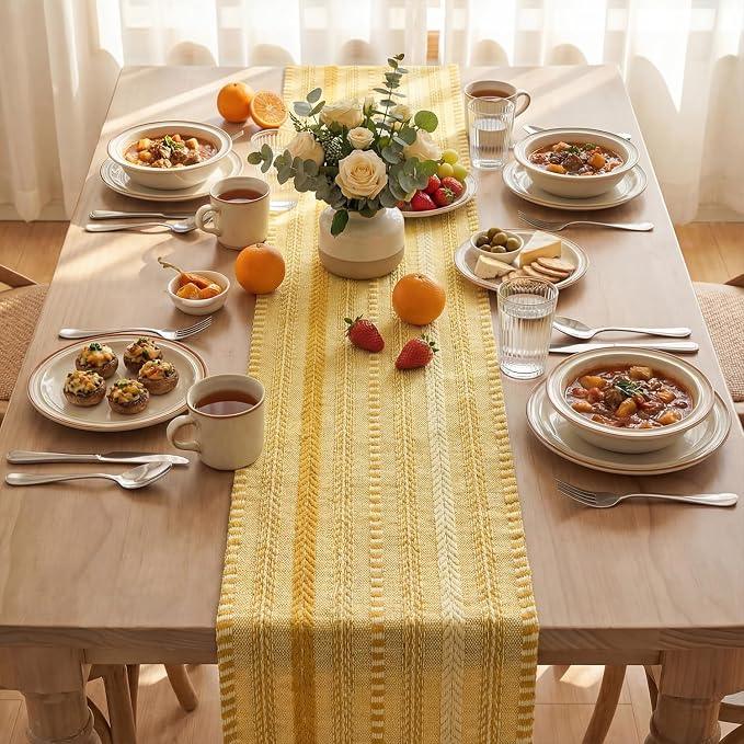 Artoid Mode Yellow Farmhouse Woven Table Runner, Seasonal Holiday Rustic Kitchen Dining Table Decoration for Home Party Decor 12x72 Inch