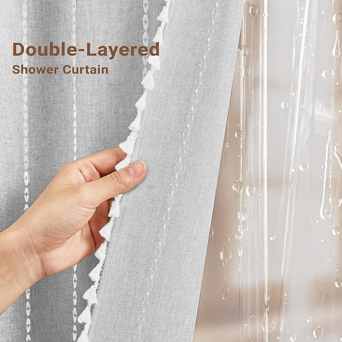BTTN 3 in 1 Shower Curtain with Liner, 78 Inch Long Boho Linen Striped Cloth Shower Curtain Set with Hook, Farmhouse Bohemian Country Waterproof Fabric Shower Curtain for Bathroom, Grey/Gray, 72x78