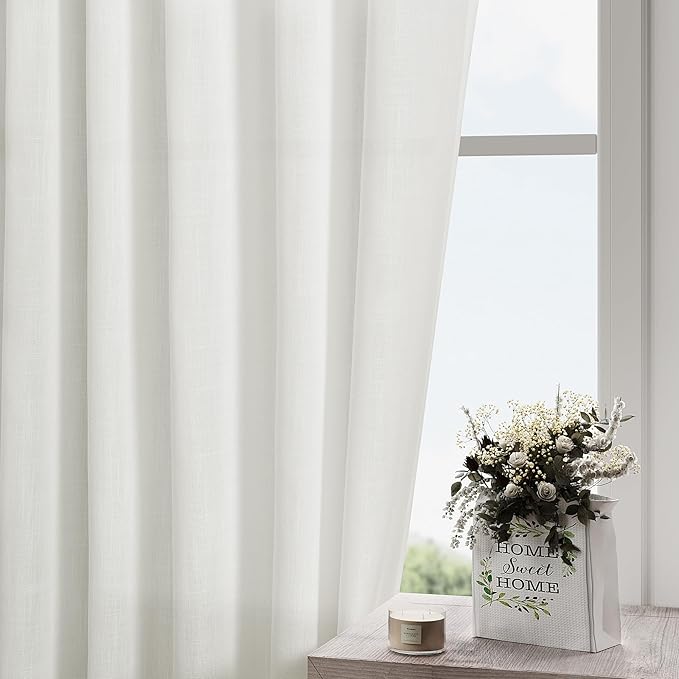 Semi Sheer Linen Curtains 90 Inches Long for Living Room 2 Panels Set Back Tab Pocket Ivory White Tall Vertical Curtains Luxury Light Filter Privacy Curtain Drapes for Bedroom Aesthetic 52X90