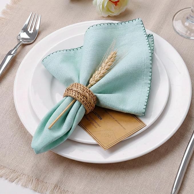 Meadow Green Cloth Dinner Napkins – Set of 6, 18x18 Thick Cotton Blend Napkins with Embroidered Edge, Washable Reusable Table Napkins for Garden Parties, Weddings, Thanksgiving & Christmas