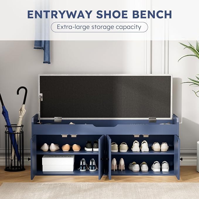 47.2" Storage Bench - Entryway Shoe Bench with 4 Doors and Top Storage Area, Multifunctional Entryway Bench with Lift Top Cushion, Shoe Storage Bench for Bedroom, Living Room, Navy Blue