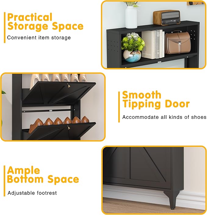 Farmhouse Shoe Storage Cabinet with 2 Flip Drawers, Slim Shoe Cabinets and Barn Door Design, Modern Hidden Slim Narrow Shoe Rack Cabinet for Foyer, Front Door,Living Room,Hallway, Black