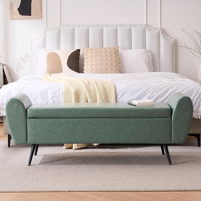 Storage Bench for Bedroom, 55" Extra Long Bench for King Size Bed, Modern Upholstered End of Bed Ottoman Bench with Arms for Entryway Living Room (Vegan Leather, Sage Green)