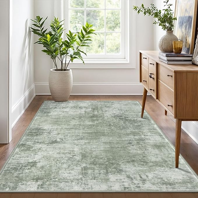 IOHOUZE Abstract Area Rug 4x6 Ft Washable Rugs for Entryway Indoor, Non Slip Small Living Room Rugs Printed Faux Wool Throw Rug, Floor Carpet for Kitchen Nursery Playroom, Sage Green