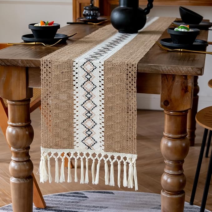 EMMTEEY Macrame Table Runner Boho Style - Scratch & Heat Resistant, Hexagonal Grid Cotton Linen Table Runner with Tassels for Home Decor/Bedroom (12"X36", Brown White)