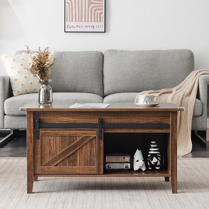 VINGLI Farmhouse Lift Top Coffee Table, Rustic Grey with Storage Shelf/Hidden Compartment, Mesa De Centro para Sala, Rustic Brown (Espresso, 36" L)