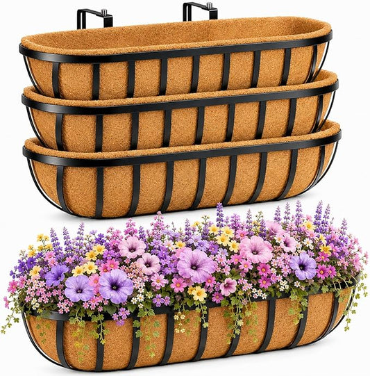 30 Inch 4 PCS Window Box Deck Railing Planter with Coco Liners, Hanging Flower Planters Black Metal Baskets for Indoor Outdoor, Balcony, Porch, Fence, Lawn and Patio