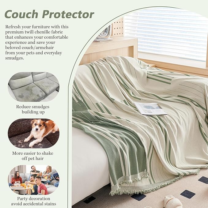 DREAMINGO Chenille Armchair Cover Jacquard Sofa Covers Washable Furniture Protector Recliner Couch Cover 1 Cushion Reversible Chair Cover Beige Green Striped Couch Cover Blanket 71"x 71"