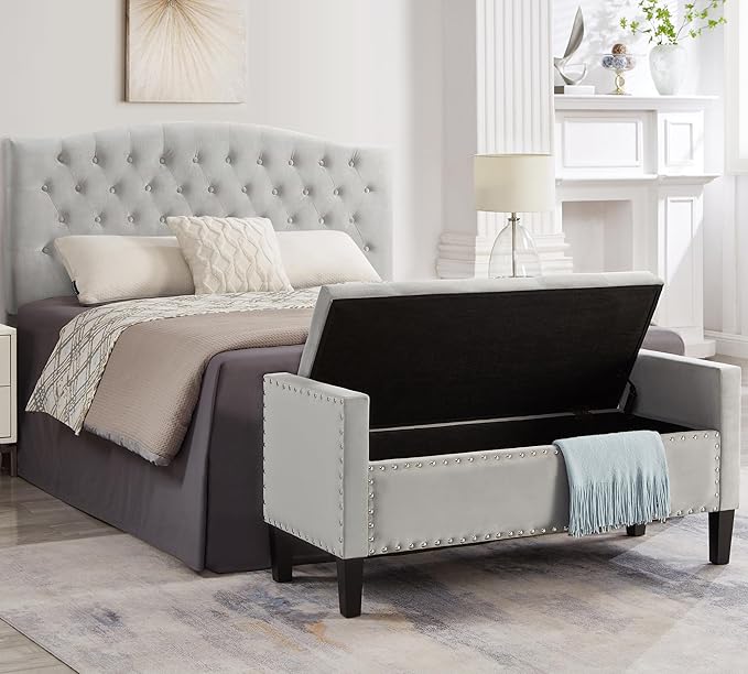 48" Velvet Upholstered Storage Ottoman,Luxury Rectangle Entryway Tufted Button Long End of BedBench, Rolled Arm Bench Seat with Wood Legs, Living Room,Bedroom,Grey