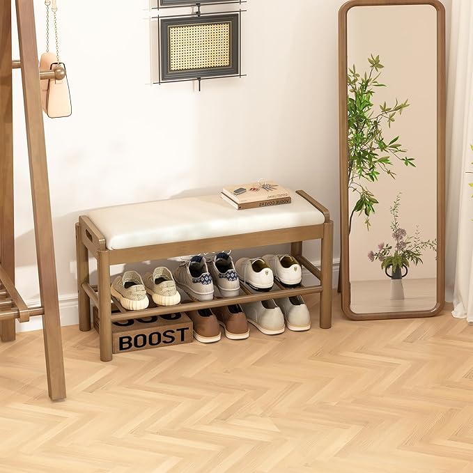 Shoe Storage Bench with Cushion - 2 Tier Shoe Rack for Front Door Entrance, Wood Shoes Rack, Entryway Bench with Shoes Storage for Closet,Hallway,Bedroom&Living Room(Walnut, 31.5" W)