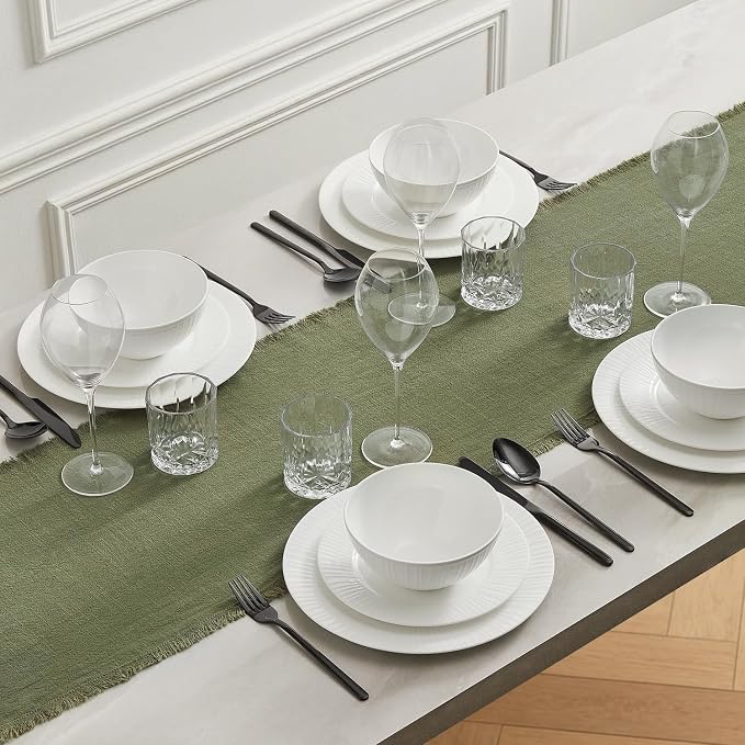 KINGSTONE 14 x 108 Inches Frayed Edge Table Runner, 270G Heavyweight Sand Washed Slub Texture Cotton Linen for Modern Farmhouse, Rustic Home Decorations Dining Room Wedding Boho Decor, Moss Green
