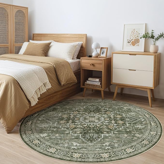 Round Rug Living Room Rugs: 8x8 Washable Boho Neutral Large Circle Soft Indoor Floral Stain Resistant Floor Farmhouse Carpet for Bedroom Nursery Kids Playroom Office Dining Room- Dark Green