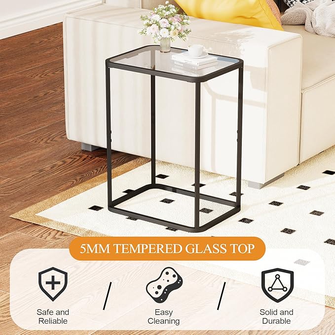 Glass Side Table Two Set, Rectangle 2PCS End Table with Metal Frame, Modern Bedside Table for Office, Bedroom, Living Room, Study,Small Spaces,Easy Assembly,15.75 * 11.81 * 20.87 Inches,Black,2PCS