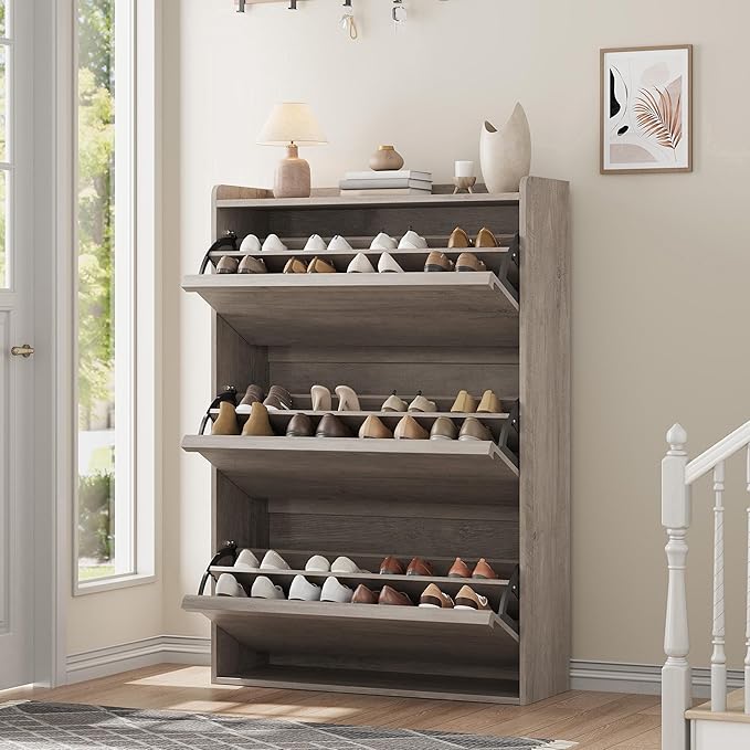 GarveeHome Shoe Cabinet with 3 Flip Drawers, Wooden Shoe Organizer Cabinet with Adjustable Shelf, Shoe Storage for Entryway, Hidden Shoe Cabinet for Hallway, Living Room, Grey