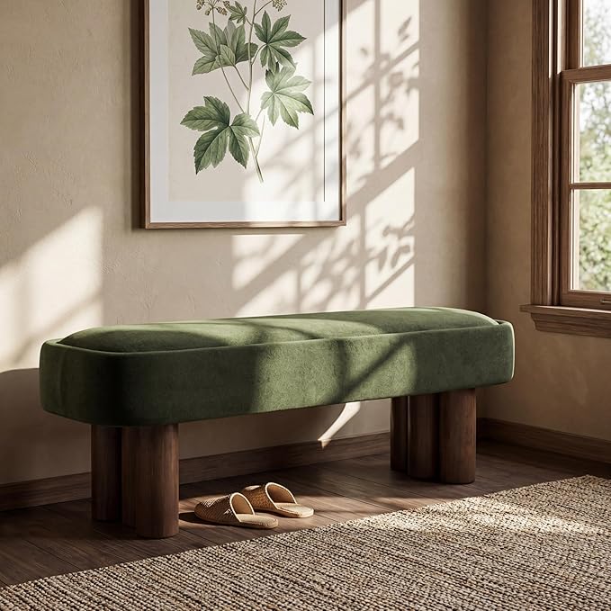 Christopher Knight Home Damas 60.04" Fabric Upholstered Dining Bench, Wooden Entryway Bench, Long Sofa Footstool for Living Room, Bedroom End of Bed Bench, Olive Green+Walnut