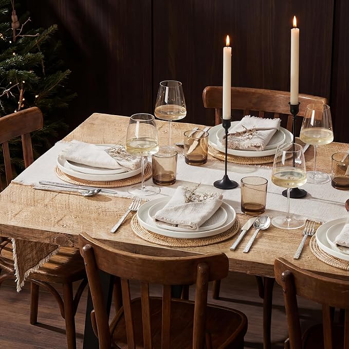KINGSTONE 14 x 120 Inches Frayed Edge Table Runner, 270G Heavyweight Sand Washed Slub Texture Cotton Linen for Modern Farmhouse, Rustic Home Decorations Dining Room Wedding Boho Decor, Natural