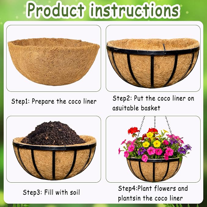 4pcs 16 inch Metal Hanging Baskets Round Wire Plant Stand with Coco Lining Cushion Decorative Planter Hanger Garden Indoor Outdoor Watering Hanging Basket （BT）