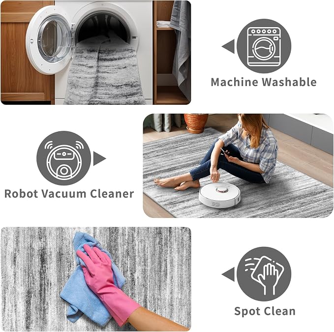 3x5 Area Rug Non-Slip: Washable Rugs for Hallway Entryway Kitchen Living Room Bedroom - Easy-to-Clean Stain and Water Resistant Carpet - Soft Low-Pile Throw Mat Grey