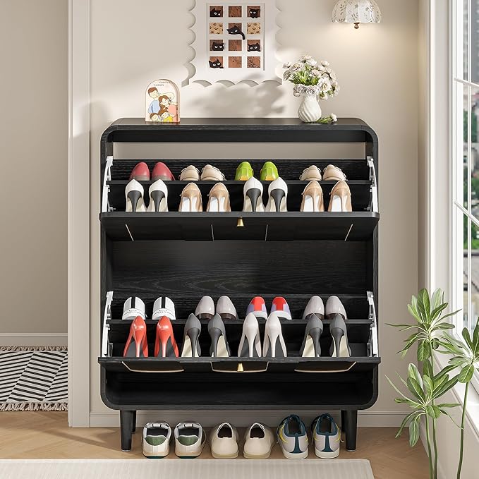 Narrow Shoe Storage Cabinet for Entryway with 2 Flip Drawers, Curved Shoe Cabinet with Arched Stripe Panel, Freestanding Hidden Shoe Organizer Closed for Foyer, Hallway (Black, 31.5 inches)
