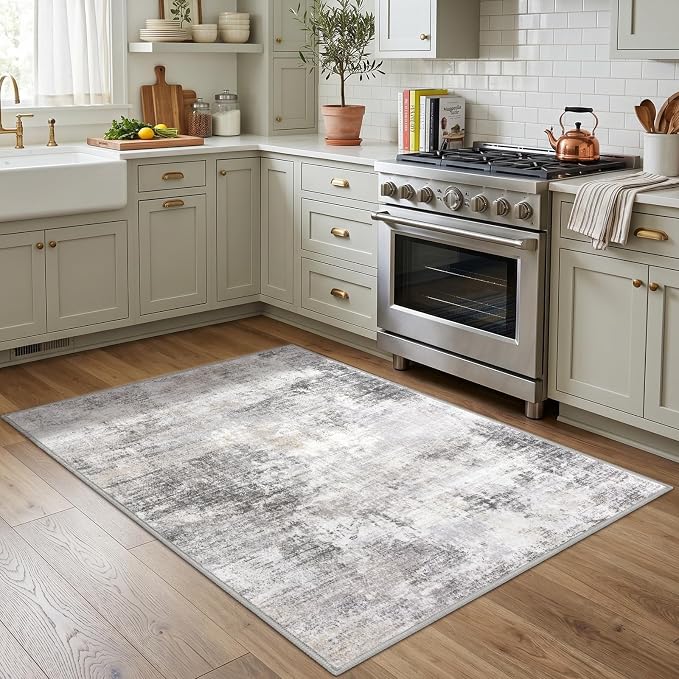 IOHOUZE Abstract Area Rug 4x5 Ft Washable Rugs for Entryway Indoor, Non Slip Small Living Room Rugs Printed Faux Wool Throw Rug, Floor Carpet for Kitchen Nursery Playroom, Grey Beige