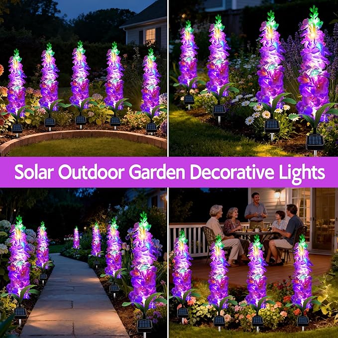 MRHEPHAESTUS Solar Garden Lights, Solar Purple Delphinium Flowers Lights 4 Pack 80 LEDs, Waterproof Outdoor Light Two Lighting Modes for Outside Wedding Party Garden Yard Patio Lawn Decor