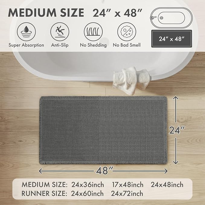 MIULEE Waffle Bathroom Runner Rugs, Super Absorbent Non Slip Bath Rug, Upgraded Soft Quick Dry Washable Boho Long Bath Mat with Tassels for Hallway Laundry Room Bedroom, 2'x4' (24"x48"), Dark Grey