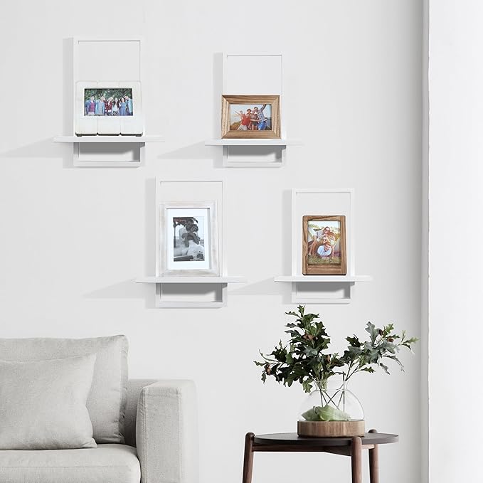 PHOENANCEE Square Wall Shelf,Framed Floating Shelves Set of 2,Decorative Plants Hanging Display Chic for Living Room Bedroom Bathroom Home Office,Soild Wood,L+S,White