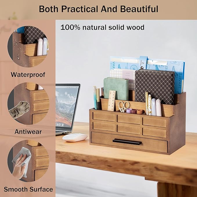 dreampossible Brown Wood Desk Organizer and Accessories with Drawer, Bill Mail Organizer and File Mail Holder for Office Supplies, Rustic Desk Accessories & Workspace Organizers