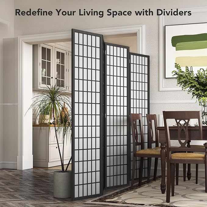 JOSTYLE Room Divider 6 Panel, 6ft Folding Privacy Screen for Room Separation, Shoji Screen Japanese Style Room Divider Wall, Black, 70.9" H x 104" W