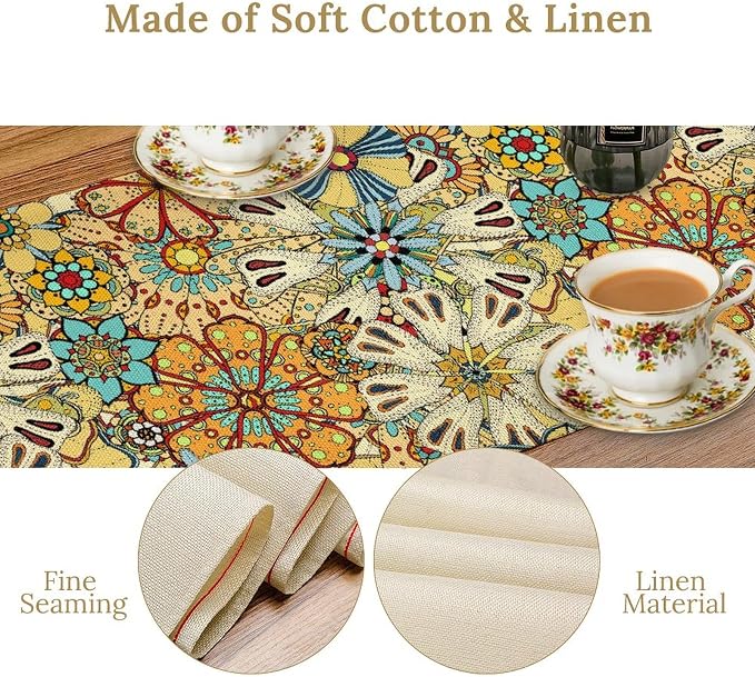 Mandala Floral Table Runner Retro Colorful Hippie Flowers Boho Art Tabler Decor for Bedroom Kitchen Living Room Dining Party Yellow Table Runner, 13x36 Inch
