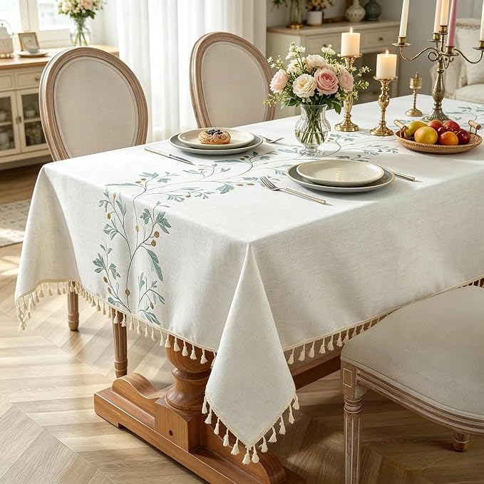 Laolitou Cotton Linen Spring Tablecloth for Dining Waterproof Rustic Farmhouse Kitchen Rectangle Table Cloth Coffee Table Cover, Beige, Green Coffee Flower, 55x102 Inch
