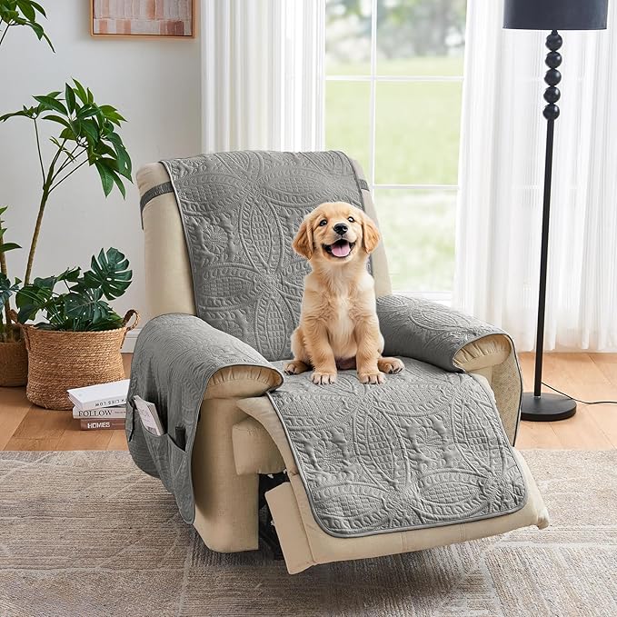 Large Gray Recliner Chair Covers, Quilted Décor Water-Repellent Lazy Boy Chair Covers, Pet Friendly Large Recliner Cover for Dogs Cats, Washable Couch Cover (Recliner 30", Cool Gray)