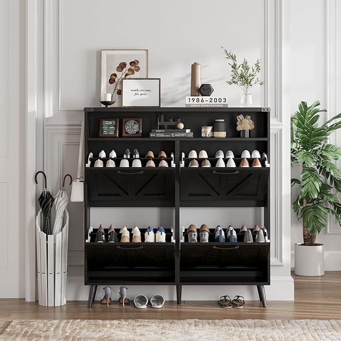Halitaa Shoe Cabinet with 4 Flip Drawers,Farmhouse Shoe Storage Cabinet for Entryway,Narrow Freestanding Organizer Rack with Open Shelves for Foyer,Hallway,Black