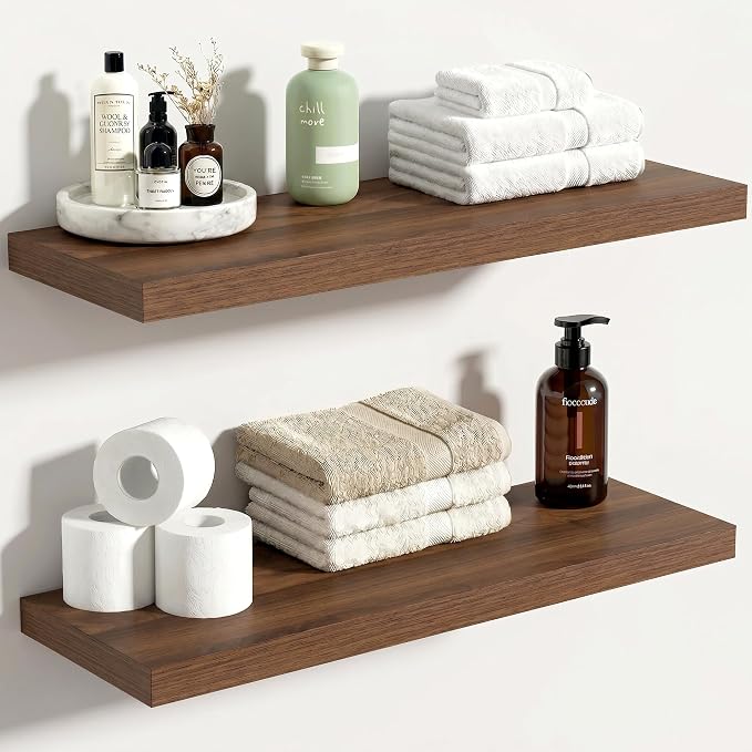 Vivelove 24 Inches Floating Shelves Wall Mounted, 10" Deep Wall Shelves for Bedroom, Bathroom, Living Room, Kitchen, Office, Home Decor, Modern Shelf, Set of 2, Walnut, 24x10.2x1.5