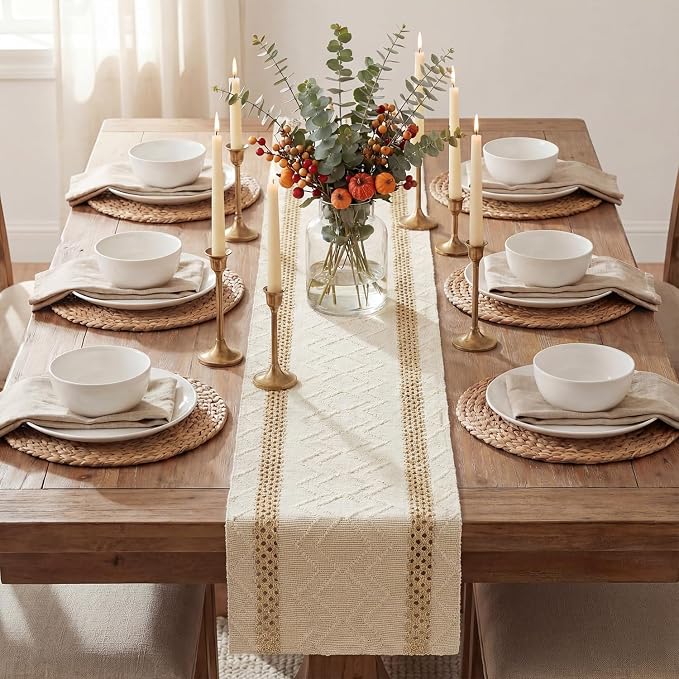 Artoid Mode Burlap Brown Stripe Woven Table Runner, Seasonal Holiday Hollow Kitchen Dining Table Decoration for Home Party Decor 12x60 Inch