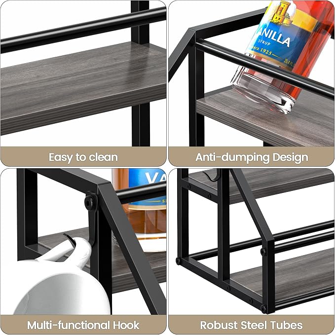 Coffee Syrup Rack Organizer, Syrup Bottle Holder Stand for Coffee Bar, 2-Tier 8 Bottles Storage Shelves for Syrup, Wine, Dressing for Kitchen Countertop, Grey