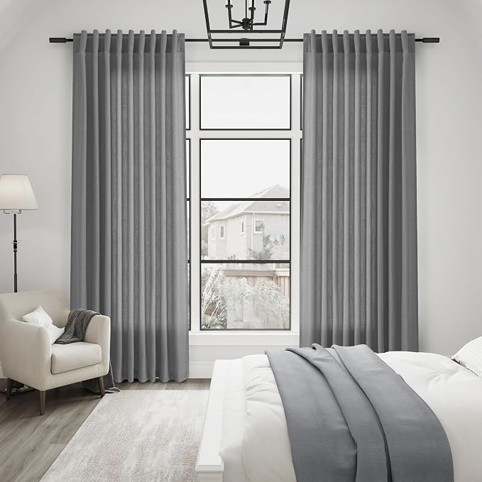 Joywell Dark Grey Linen Curtains 96 Inches Length Light Filtering Neutral Farmhouse Boho Rod Pocket Back Tab Hook Belt Clip Rings Semi Sheer Window Drapes for Bedroom Living Room 2 Panels 52x96