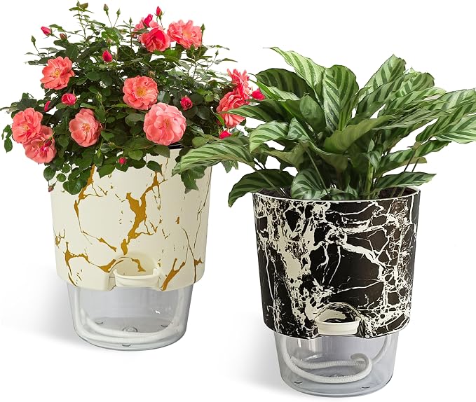 4.8 Inch Self Watering Pots for Indoor Plants 2 Pack, Plastic Modern Decorative Plant Pots with Transparent Water Reservoir, Outdoor Garden Flower Herb Succulent Pot, Marble Printed