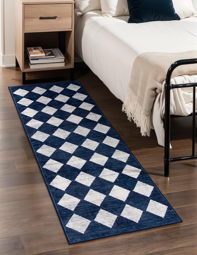 Lahome Zelie Checkered Washable Runner Rug,2x6 Rug Runners for Hallways Non Slip,Blue Kitchen Runner Rug,Moroccan Trellis Soft Low Pile Carpet Runners for Entryway Laundry Room Bathroom(2'x6',Blue)