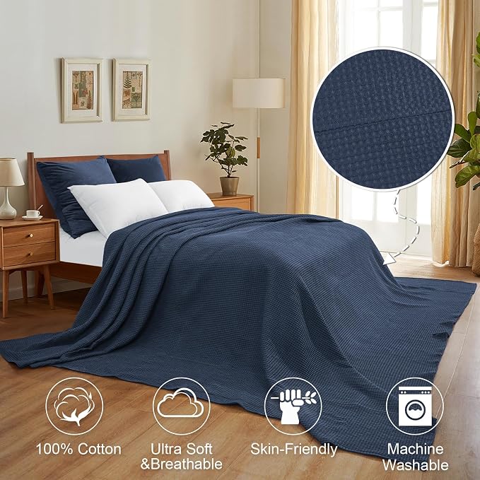 PHF Pre-Washed Cotton Waffle Weave Family Blanket,Oversized King Size 120"x 120"-Snag Proof Lightweight Breathable, 10'x 10' Huge Extra Large Big-Elegant Aesthetic Home Decoration Gift,Dark Navy