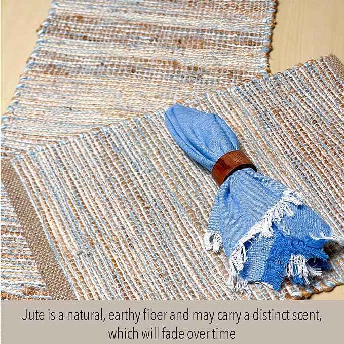 Chardin home Natural Jute Table Runner 13x72 Inch – Vintage Boho Rustic Table Decor – Handwoven Table Runner in Natural Jute and Sky Blue-White – Farmhouse Dining or Console Table Accent