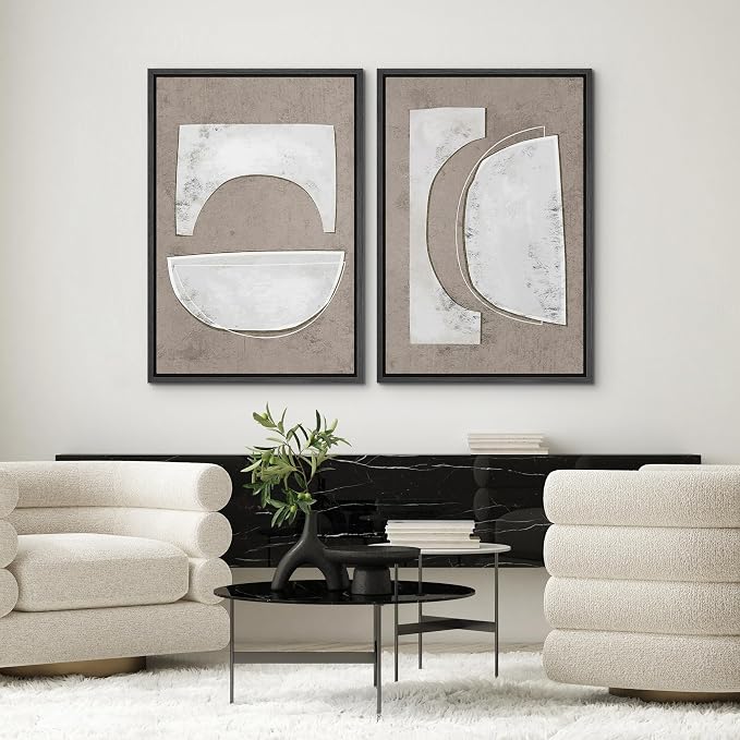SIGNWIN Framed Canvas Print Wall Art Set Art Deco Grunge White Polygons Abstract Shapes Cozy Neutral Minimal Decorative Nordic Zen Bohemian for Living Room, Bedroom, Office - 24"x36"x2 Black