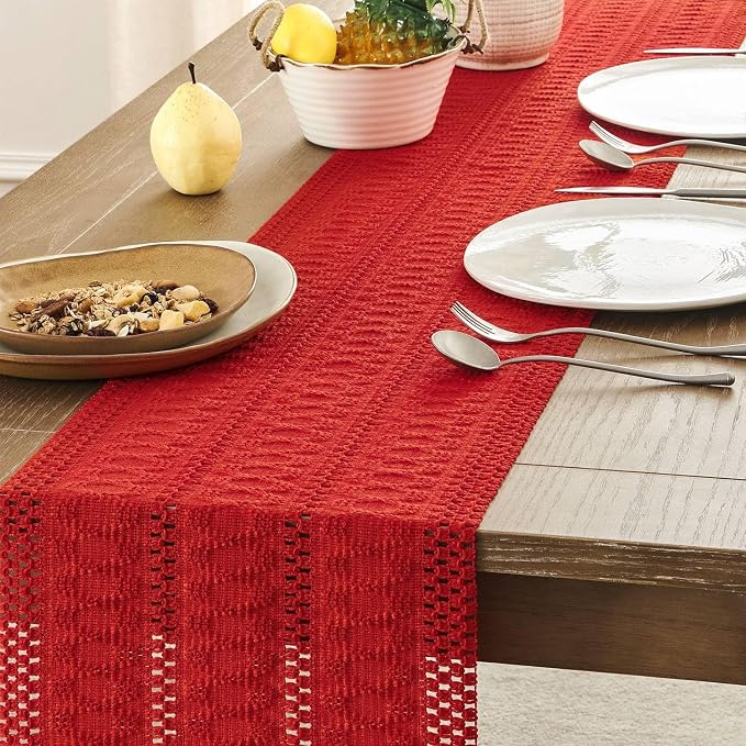 ZeeMart Macrame Style Boho Table Runner, Red Table Runners 108 Inches Long, Farmhouse Woven Home Decor, 12x108 Inch, Red
