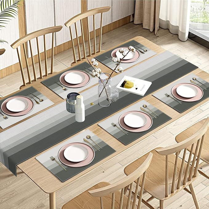 Emvency Grey White Gradient Stripe Table Runner and Placemats Set of 6, Modern Geometric Painting Art Dining Decor for Daily Use(1 Table Runner 72 inches Long and 6 Placemats)