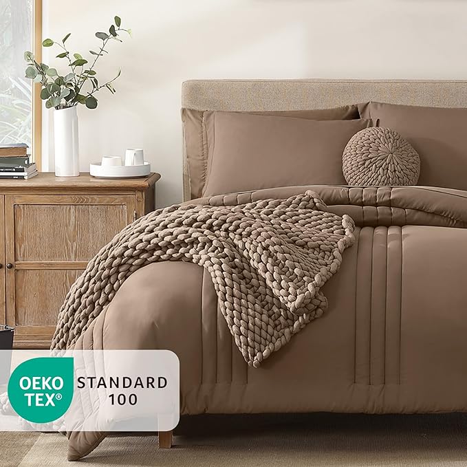 Monbix Oversized Queen Comforter Set - 7 Pieces Brown Bed in a Bag Oversized Queen Bedding Sets with Comforters, All Seasons Comforter Bed Set with Sheets, Pillowcases & Shams
