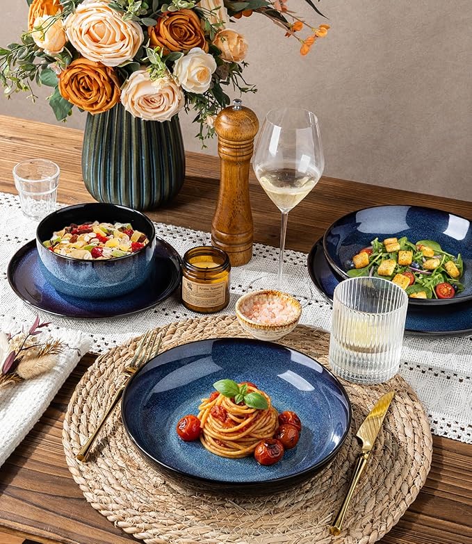 LERATIO Ceramic Dinnerware Sets with Pasta Bowls for 4,Reactive Glaze Plates and Bowls Sets,Oven &Microwave & Dishwasher Safe,Light Weight & Scratch Resistant Dishes Sets-Service for 4 (16pcs)-BLUE