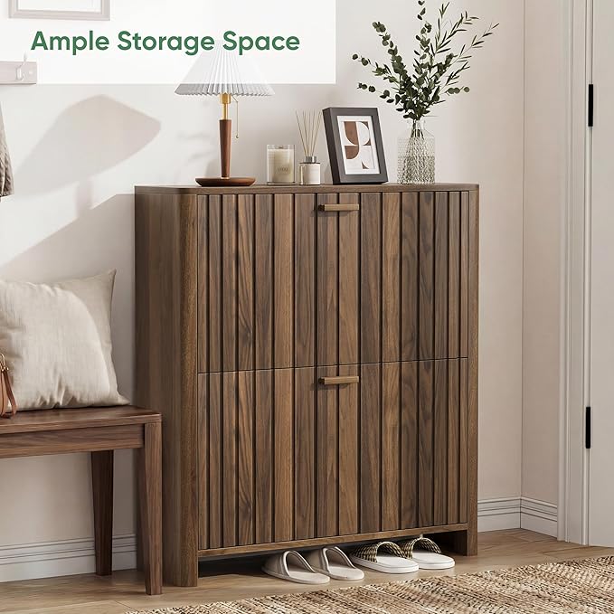Shoe Storage for Entryway, Walnut Gradient Fluted Hidden Cabinet with Metal Legs, Organizer with Flip Doors, Slim Entryway Storage