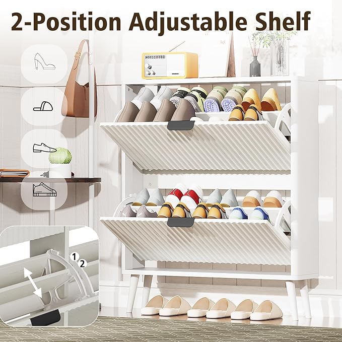 KIGOTY Narrow Shoe Storage Cabinet, Shoe Cabinet with 2 Flip Drawers, Freestanding Shoe Organizer with Legs for Entryway, Slim Shoe Rack Cabinet for Enterway (White)