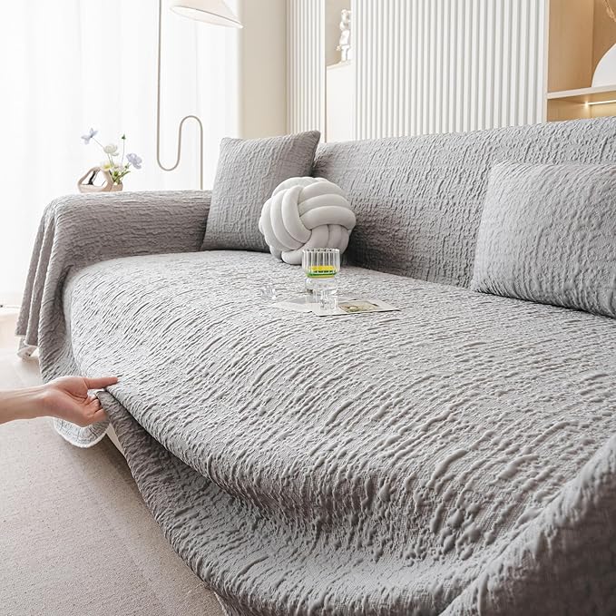 DREAMINGO Bubble Textured Cooling Sofa Cover, Ice Silk Breathable Couch Cover Blanket for Pet & Hot Sleepers, Washable Furniture Protector for 3 Cushion Couch, Ash Gray, XX-Large 71"x150"