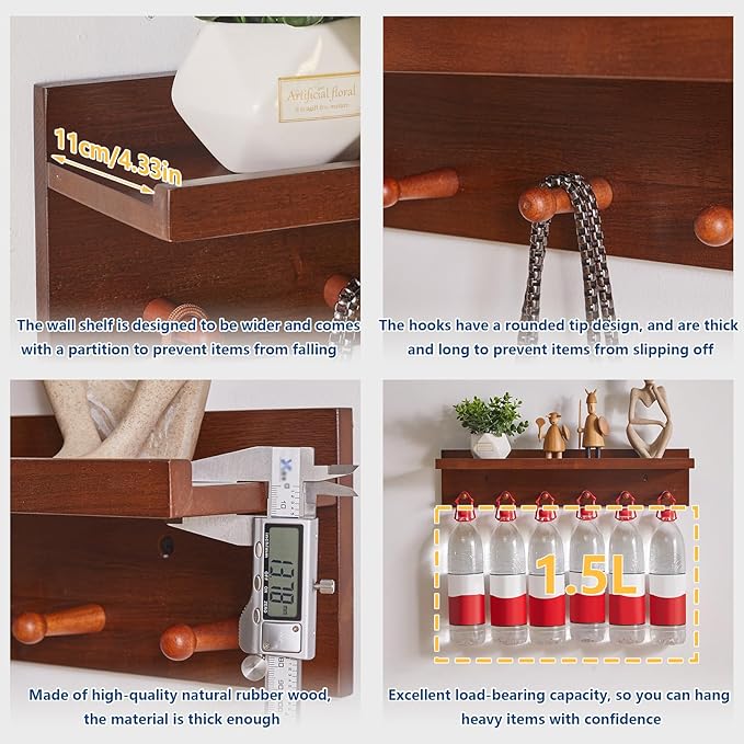 Aibiju Coat Hook Wall Mount with Shelf, 23.62in Wood Wall Hooks with Storage, for Entryway, Bathroom, Kitchen, Walnut Color YD-WS0260H